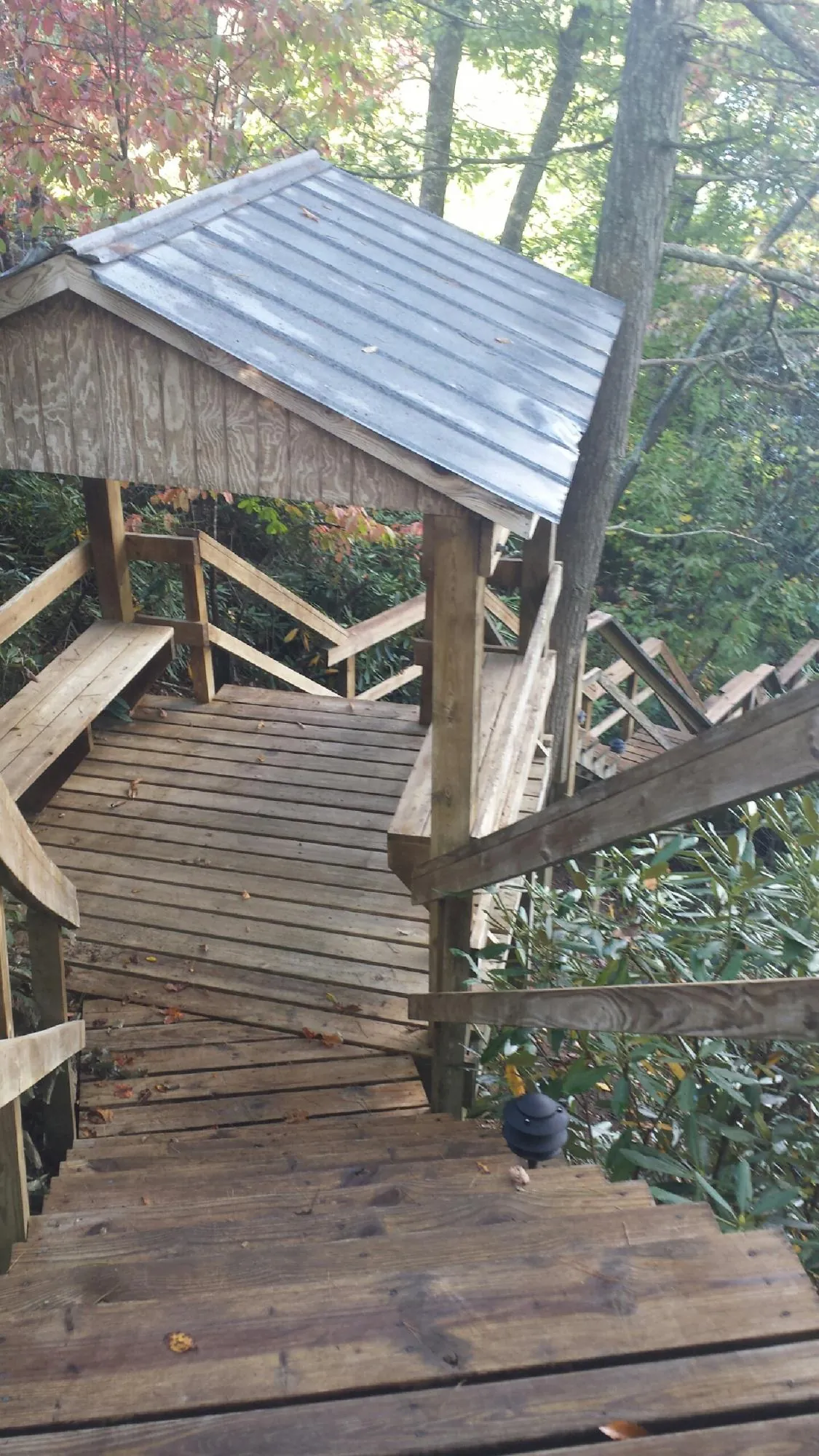 Metal roofed shelter over wooden steps on a wooded walkway — Skylight Repair & Installation work by our crew in Wentzville